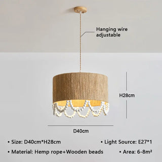 Eco bohemian hemp pendant lamp, wooden beads natural ceiling hanging light
