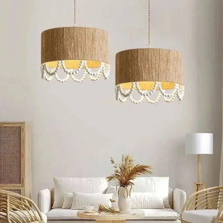 Hemp wooden bead pendant lamp, bohemian eco natural ceiling fixture