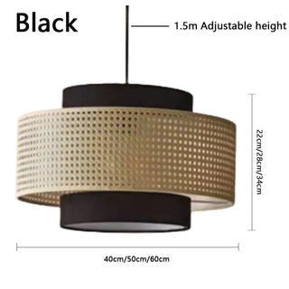 Natural rattan woven pendant lamp, black textile shade ceiling hanging light