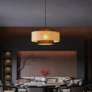 Natural rattan pendant light, handcrafted woven black textile lampshade