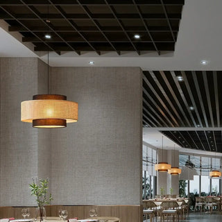 Natural handwoven rattan pendant light, black textile shade ceiling fixture
