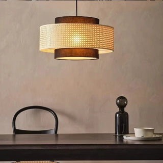 Woven rattan pendant, natural black textile lampshade ceiling hanging fixture