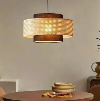 Handcrafted rattan pendant lamp, woven black textile shade hanging ceiling light
