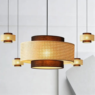 Rattan woven pendant lamp, natural black textile lampshade hanging ceiling light