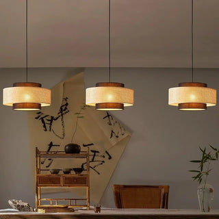 Handwoven natural rattan pendant, black textile lampshade ceiling fixture