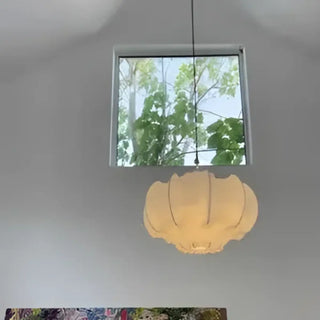 Contemporary organic fabric pendant lamp in white, sculptural hanging ceiling light