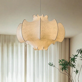 White organic fabric pendant light close-up, sculptural contemporary ceiling lamp