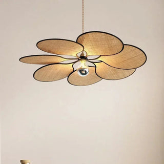 Handwoven straw pendant ceiling fixture with floral pattern, soft ambient hanging lamp