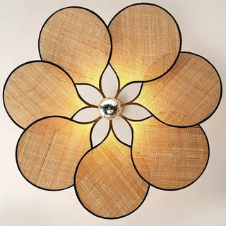 Straw pendant ceiling lamp with floral weave, handwoven soft ambient hanging light