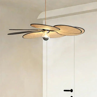Woven straw floral pendant light close-up, handmade soft ambient hanging ceiling lamp
