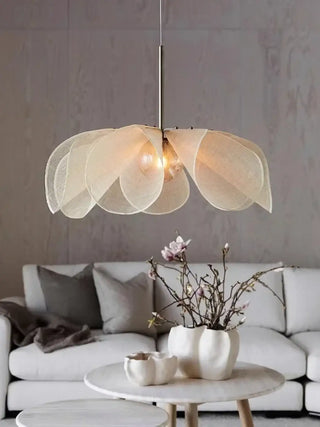 Designer petal pendant lamp, beige natural fabric shade, chic hanging light