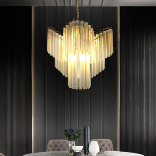 Contemporary pendant ceiling lamp close-up, minimalist geometric design hanging fixture