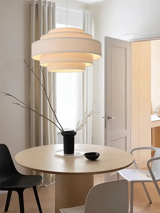 Designer tiered fabric pendant light in white, warm hanging ceiling lamp