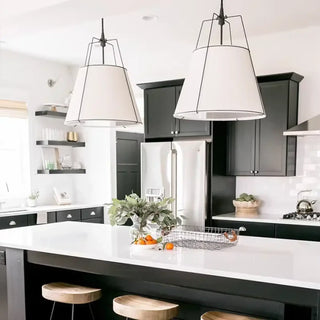 Linen fabric pendant light close-up, elegant cozy hanging ceiling lamp
