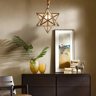 Chic boho star pendant light, gold glass warm ambient ceiling fixture