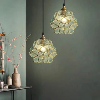 Retro colored glass pendant illuminated — soft diffused ceiling light