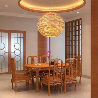 Woven wooden pendant light with organic texture, Scandinavian hanging ceiling lamp