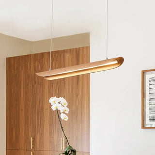 Curved natural wood LED pendant light — sleek designer ceiling lamp