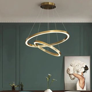 Gold LED pendant light, elegant suspended rings contemporary ceiling fixture