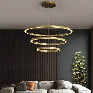 Designer gold LED pendant light, elegant suspended rings ceiling lamp