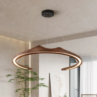 Modern wood LED pendant ceiling fixture, sculptural unique hanging lamp for dining room