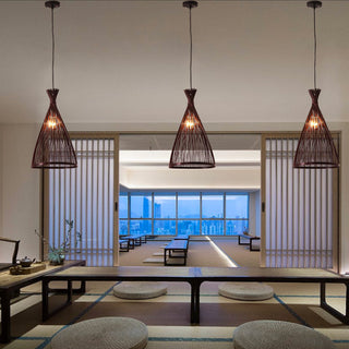 Bamboo Pendant Light – Indoor Conical Lamp With Adjustable Suspension & Warm Ambient Lighting