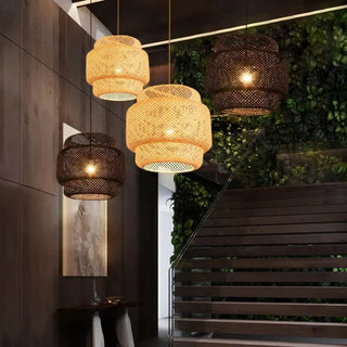 Bamboo rattan pendant light close-up, handcrafted eco-friendly hanging ceiling lamp