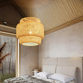Eco-friendly bamboo rattan pendant ceiling fixture, handcrafted hanging lamp