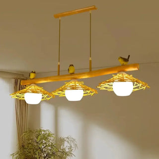 Handcrafted braided bamboo pendant light with bird motifs, Asian-inspired hanging lamp
