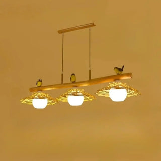 Braided bamboo pendant lamp with intricate weave pattern, bohemian ceiling light fixture