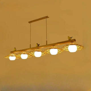 Natural bamboo woven hanging lamp with bird details, eco-friendly artisan ceiling light