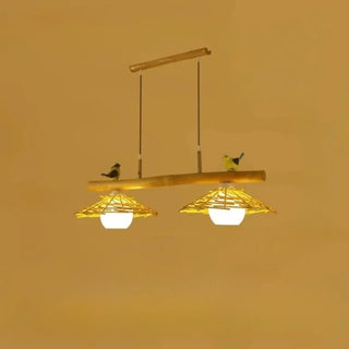 Artisan bamboo woven ceiling fixture with decorative birds, natural material pendant light