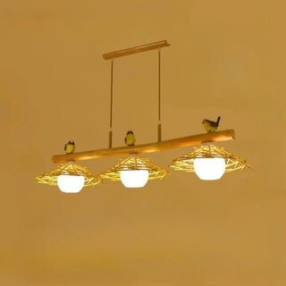Decorative bamboo pendant light with bird accents, handcrafted Asian-inspired dining lamp