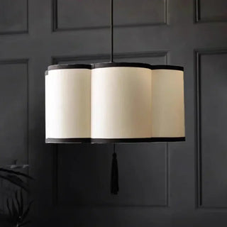 Contemporary beige fabric pendant, black ceiling fixture soft ambient light