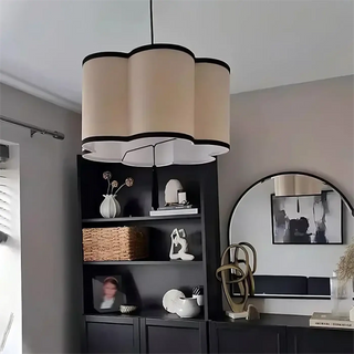 Beige fabric pendant light, contemporary black base soft ceiling fixture