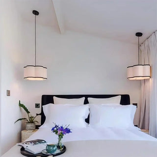 Beige fabric contemporary pendant, black base hanging ceiling light fixture