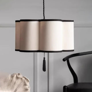 Modern beige pendant light, black base fabric shade ceiling hanging lamp