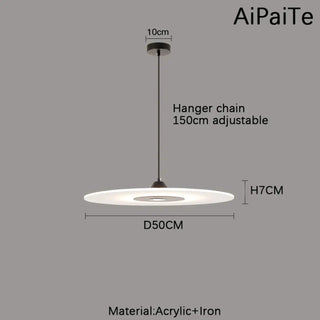 White disc pendant light close-up, minimalist modern soft ambient ceiling lamp