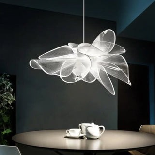 White Scandinavian pendant light with soft ambient glow, minimalist ceiling fixture