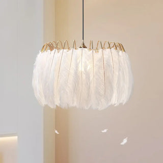 Designer white feather pendant light, Art Deco ambient hanging ceiling lamp