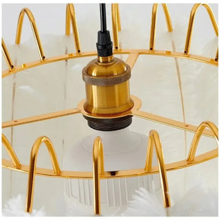 Art Deco pendant with white feathers, elegant soft ambient ceiling fixture