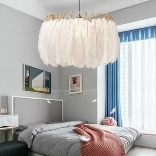 Elegant white feather pendant, Art Deco soft suspension ceiling fixture