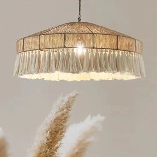 Natural fiber pendant light close-up, bohemian eco-friendly hanging ceiling lamp