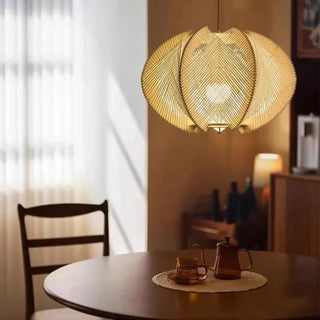 Boho pendant lamp in interior — natural fiber diffused ceiling fixture