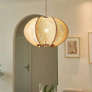 Bohemian woven fiber pendant light with soft diffused glow — boho ceiling lamp