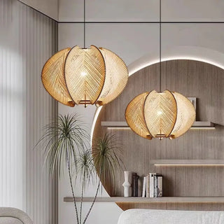 Woven bohemian pendant close-up — artisan fiber hanging lamp
