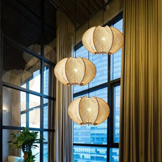 Bohemian woven pendant detail — natural fiber ceiling light fixture