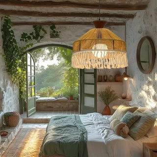 Handcrafted rattan pendant ceiling fixture with fringe, bohemian hanging lamp
