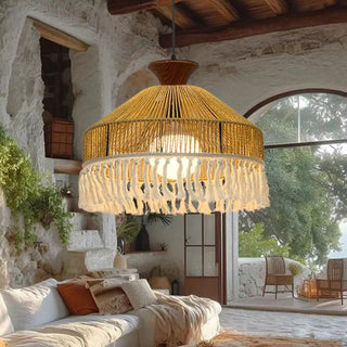 Natural rattan pendant lamp with decorative fringe, bohemian hanging ceiling light