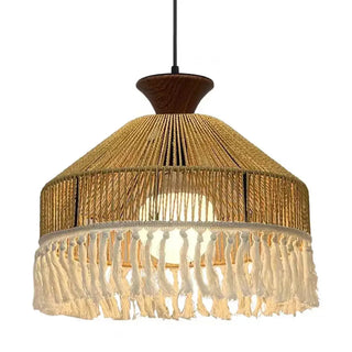 Rattan pendant ceiling lamp with fringe detail, bohemian handcrafted hanging light